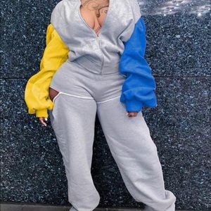 Two piece color block hooded jacket and joggers